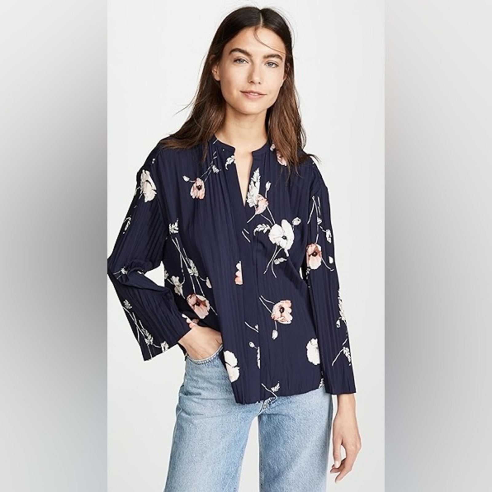 Vince Tossed Poppy Pleated 3/4 Sleeve Blouse (Size L)